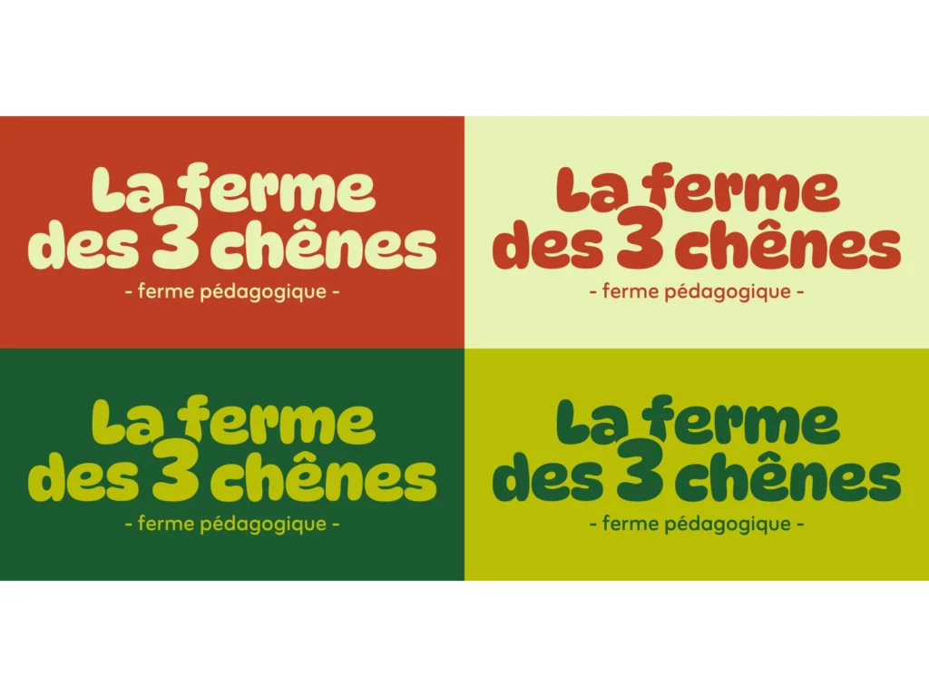 Déclinaisons logo reprenant les couleurs de la charte graphique de La ferme des 3 chênes – ferme pédagogique – Enola Design
