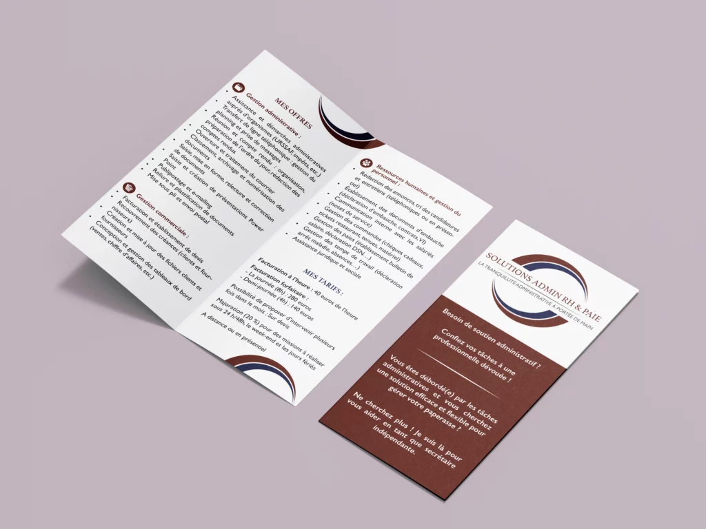 Dépliant 2 volets prestations tarifs d'une secrétaire freelance – création graphique Enola Design Creuse