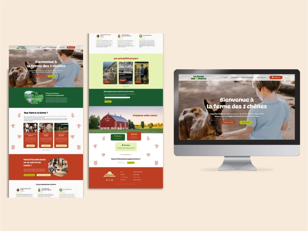 Page d'accueil du site web de la ferme des 3 chênes – site web WordPress avec réservation en ligne et e-commerce pour ferme pédagogique– Enola Design Creuse (23)