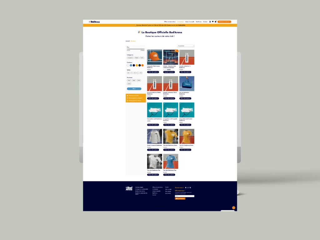 Boutique WooCommerce BadArena – e-commerce complexe sportif – Enola Design